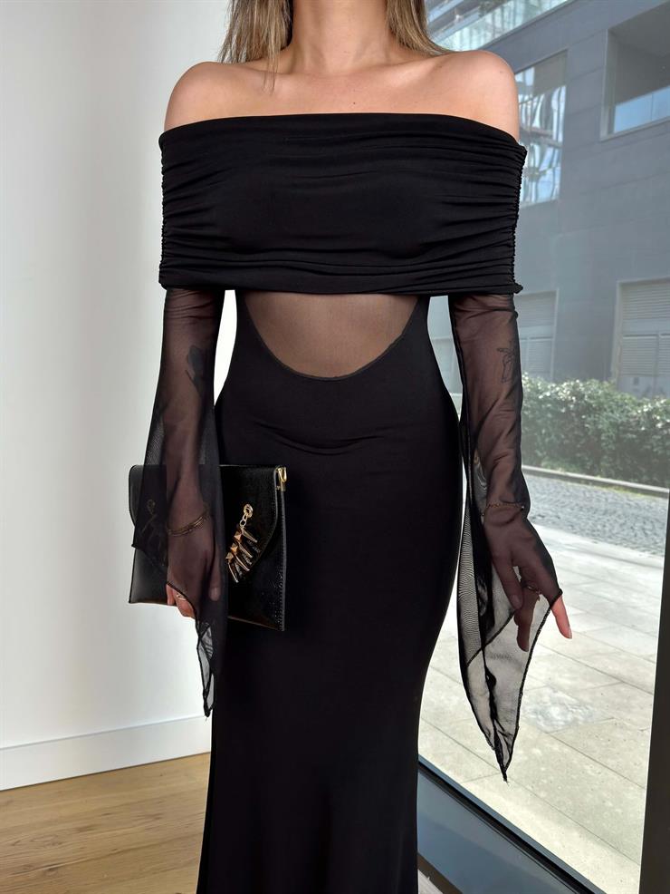 Madonna Yaka Transparan Detaylı Mary Siyah Kadın Elbise 25K474