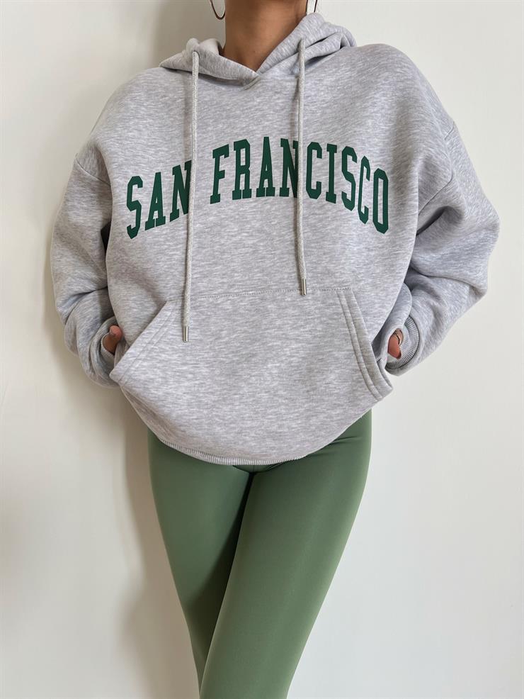 Kapüşonlu Kanguru Cepli San Francisco Yazılı Matenro Kadın Gri Sweatshirt 24k000063