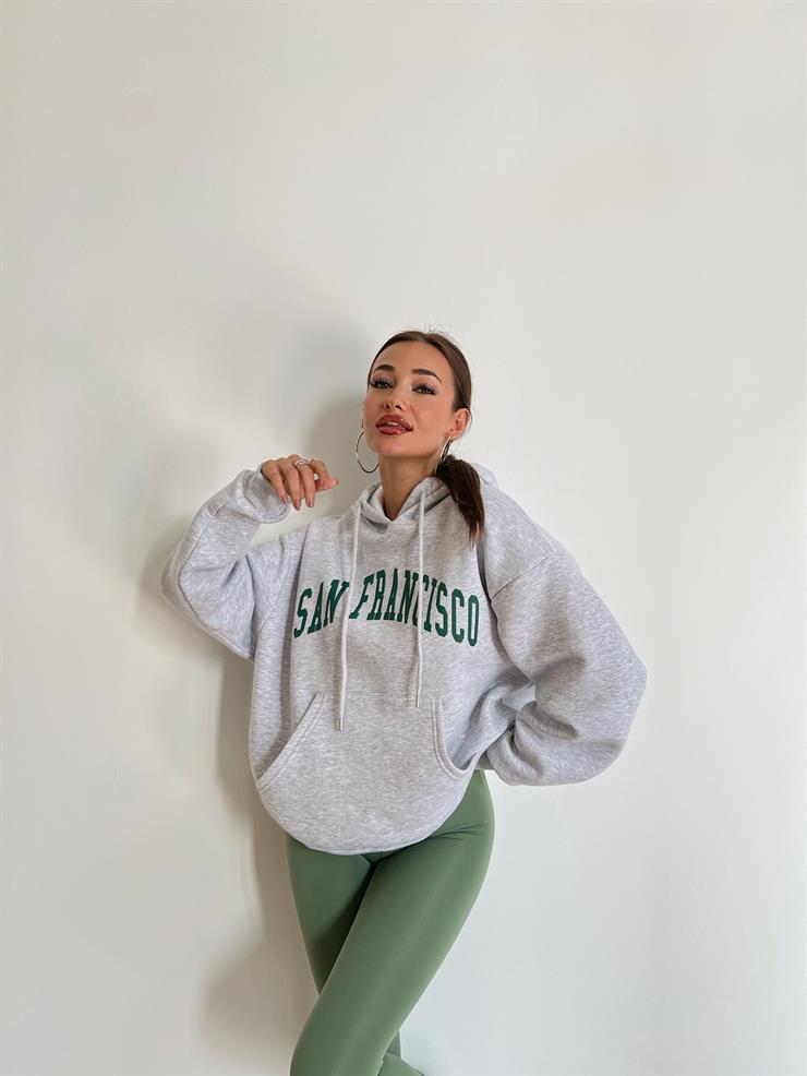 Kapüşonlu Kanguru Cepli San Francisco Yazılı Matenro Kadın Gri Sweatshirt 24k000063