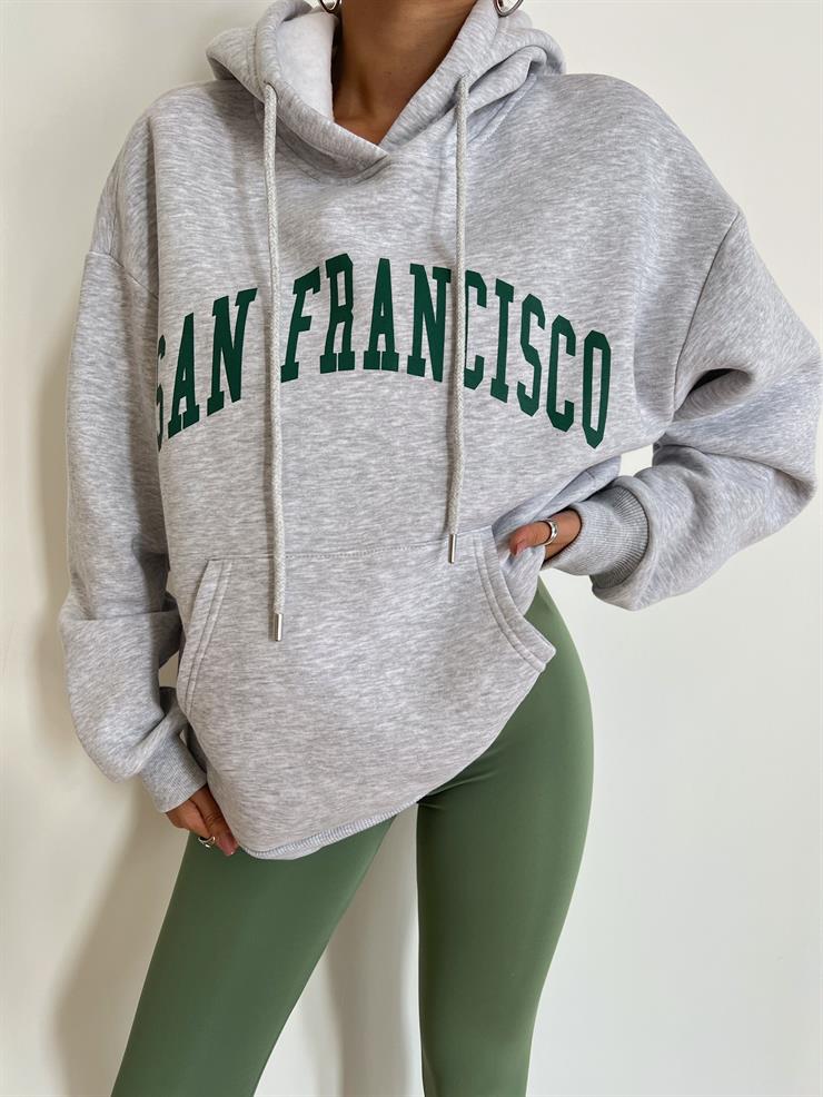 Kapüşonlu Kanguru Cepli San Francisco Yazılı Matenro Kadın Gri Sweatshirt 24k000063