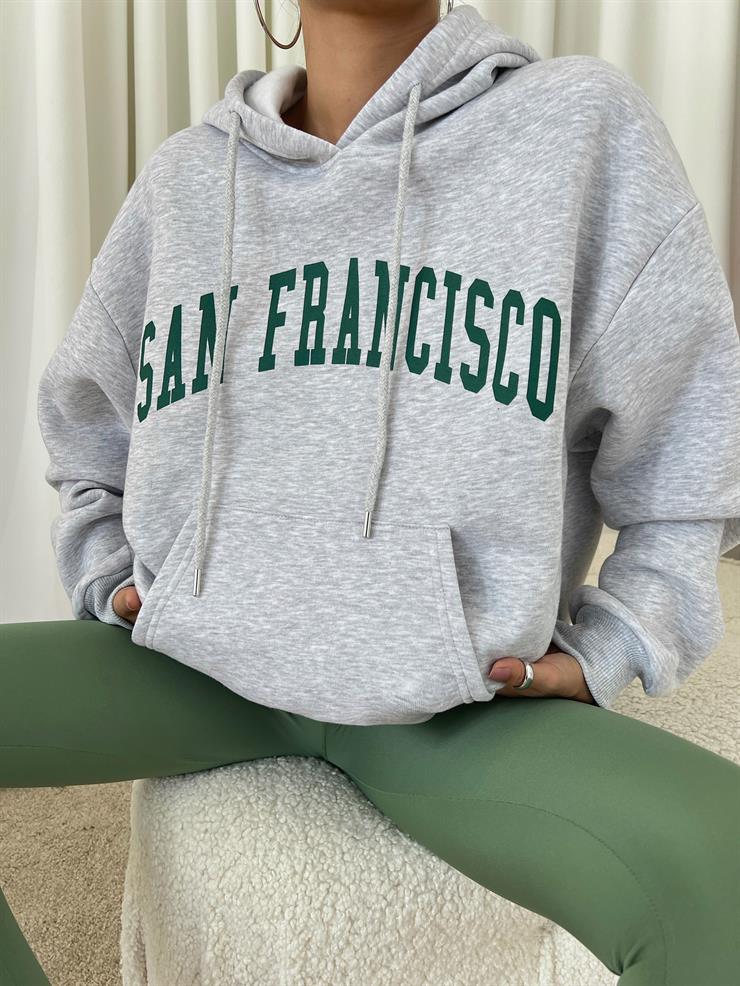 Kapüşonlu Kanguru Cepli San Francisco Yazılı Matenro Kadın Gri Sweatshirt 24k000063