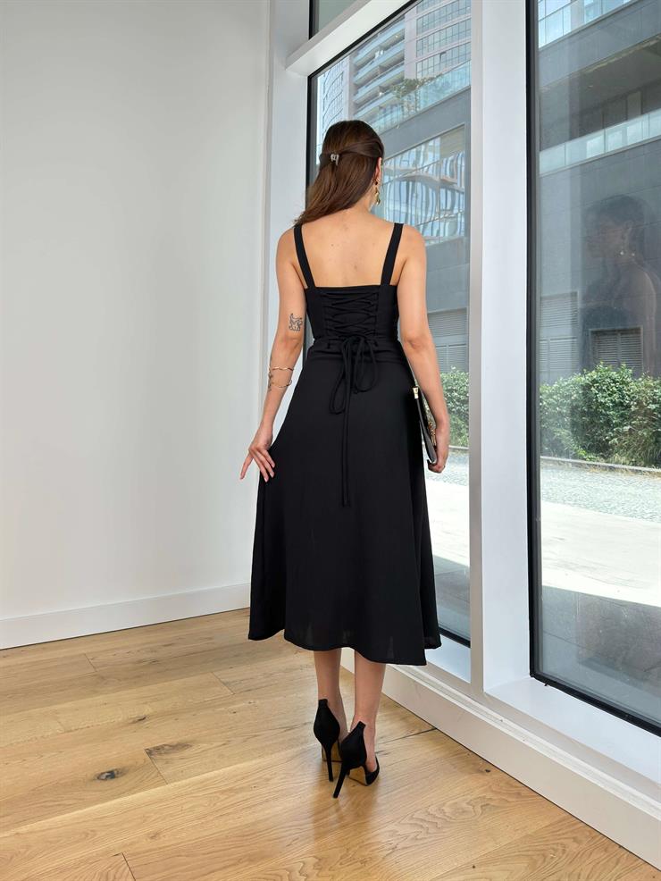 Kalın Askılı Önü Büzgü Detaylı Arkası Çapraz Bağlamalı Matheus Kadın Siyah Elbise 24Y673