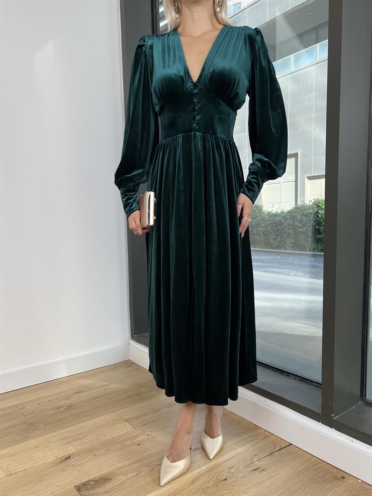 V Yaka Önü Düğme Detaylı Matias Kadın Zümrüt Kadife Elbise 24k211