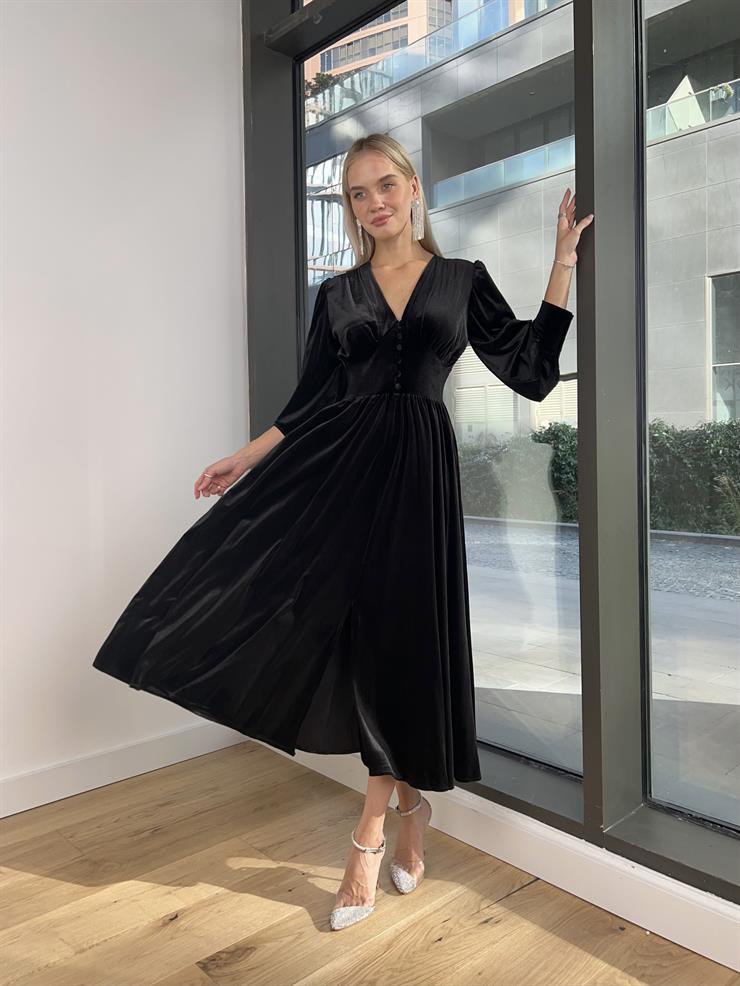 V Yaka Önü Düğme Detaylı Matias Kadın Siyah Kadife Elbise 24k211