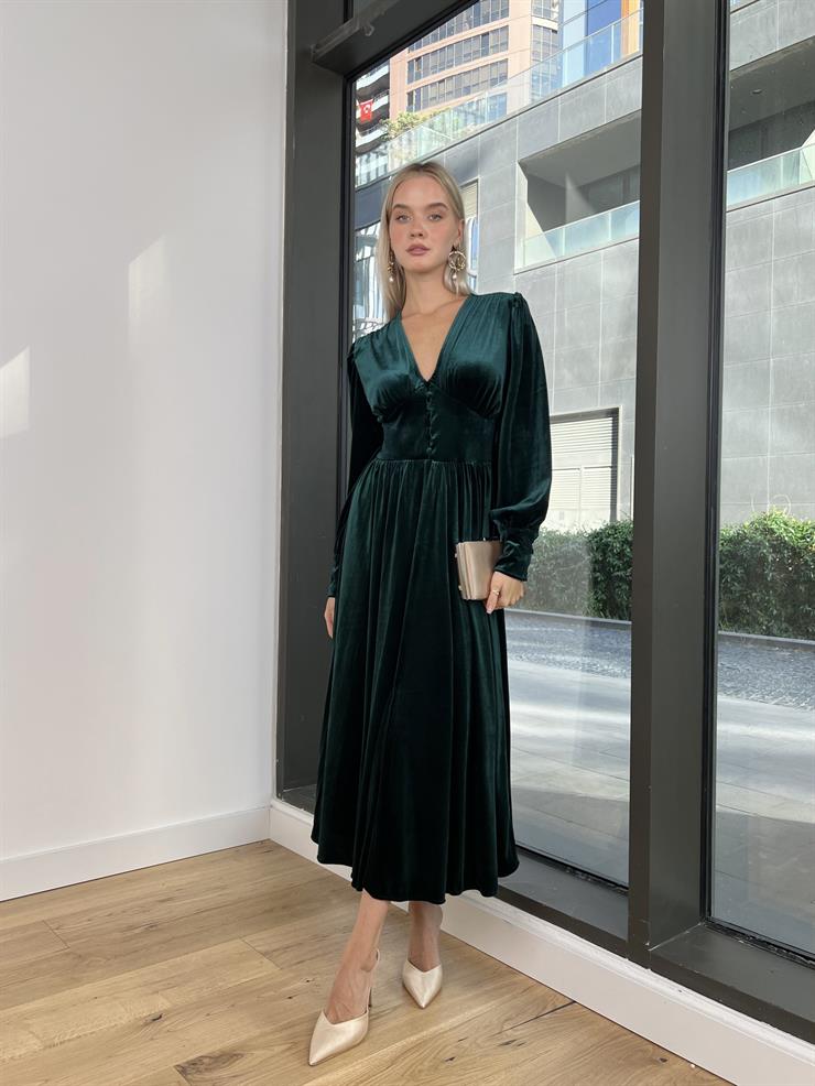V Yaka Önü Düğme Detaylı Matias Kadın Zümrüt Kadife Elbise 24k211