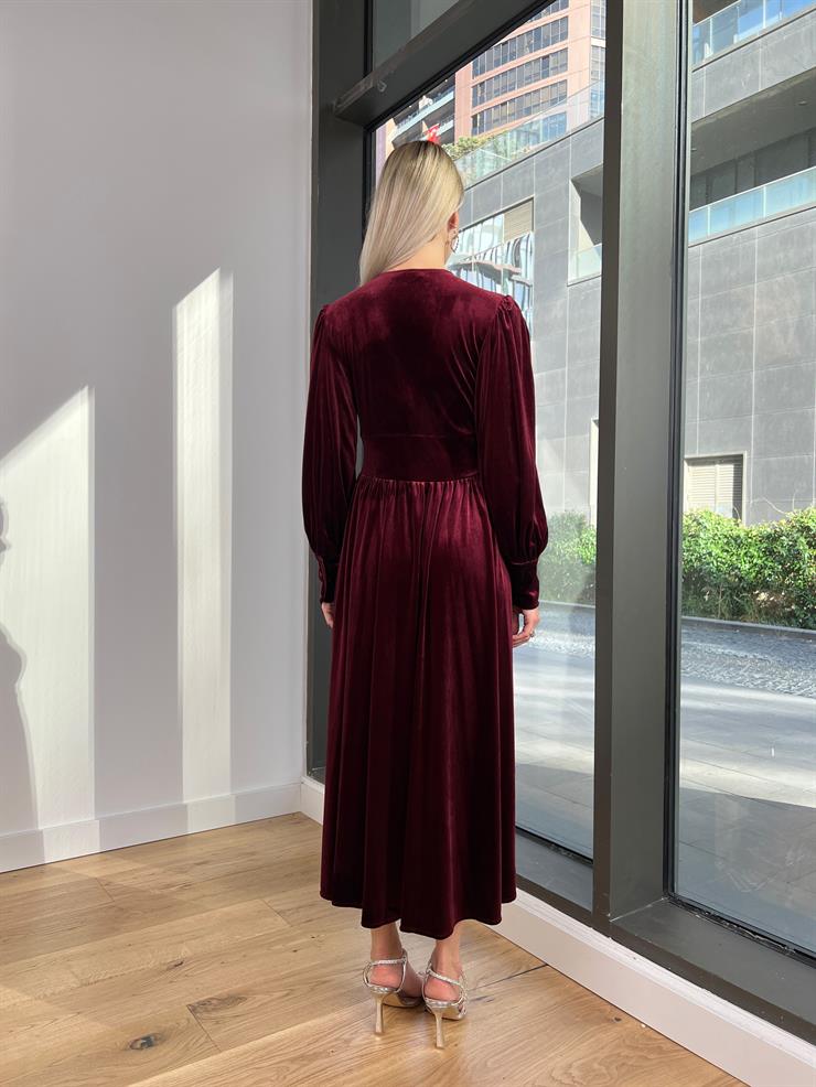 V Yaka Önü Düğme Detaylı Matias Kadın Bordo Kadife Elbise 24k211