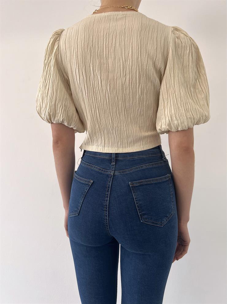 Kısa Balon Kol Önü Düğümlü Matilde Kadın Taş Bluz 23Y000346