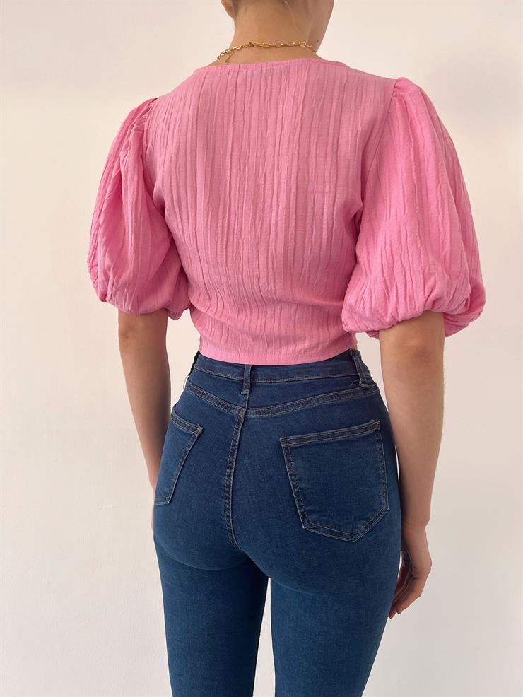 Kısa Balon Kol Önü Düğümlü Matilde Kadın Pembe Bluz 23Y000346