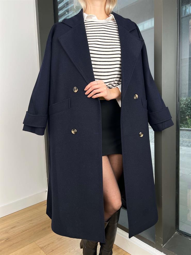 Belden Kuşaklı Kolu kemer Detaylı Önü Düğmeli Matip Kadın Lacivert Kaban 24k275