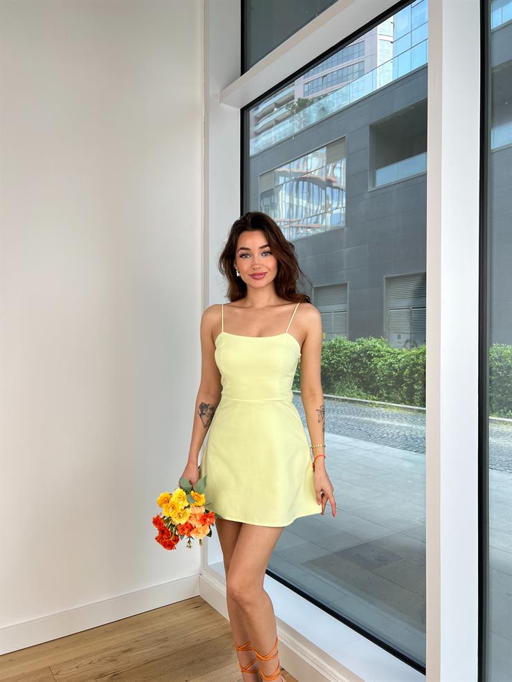 İnce Askılı Kare Yaka Matyas Kadın Fıstık Yeşili Mini Elbise 24Y493