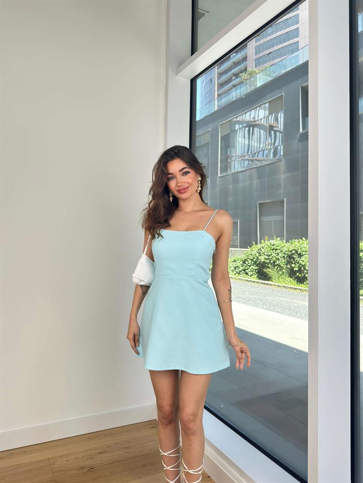 İnce Askılı Kare Yaka Matyas Kadın Mavi Mini Elbise 24Y493