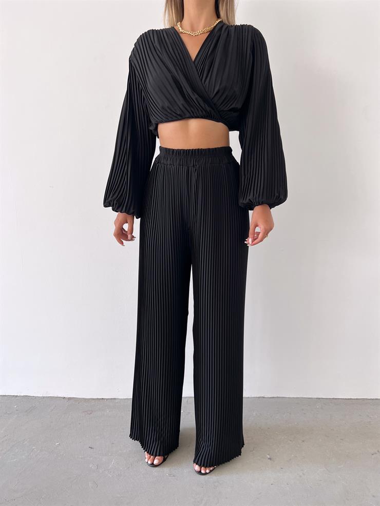 Kruvaze Yaka Bel Bağlamalı Mauro Kadın Siyah Lastik Pileli Bluz 23Y000475