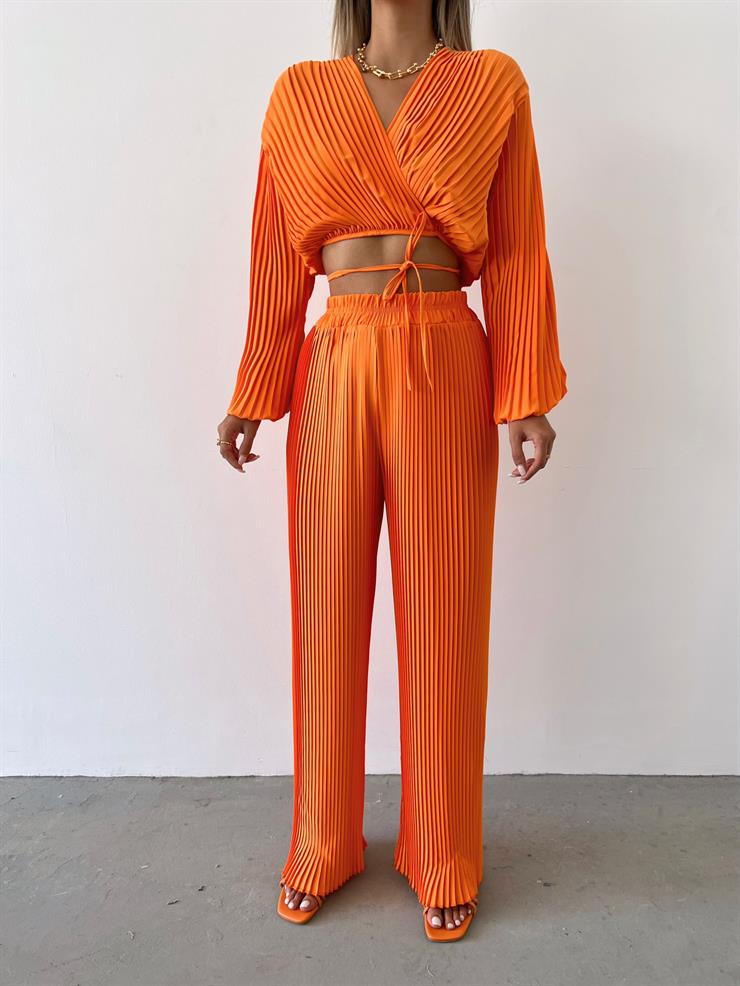 Kruvaze Yaka Bel Bağlamalı Mauro Kadın Turuncu Lastik Pileli Bluz 23Y000475