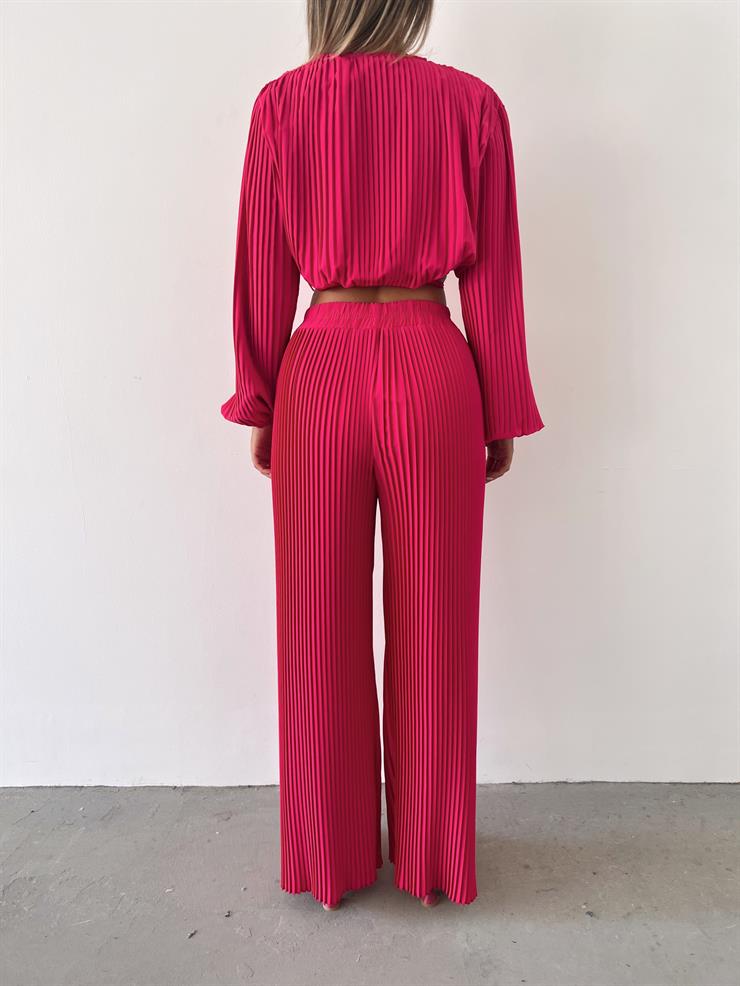 Kruvaze Yaka Bel Bağlamalı Mauro Kadın Fuşya Lastik Pileli Bluz 23Y000475