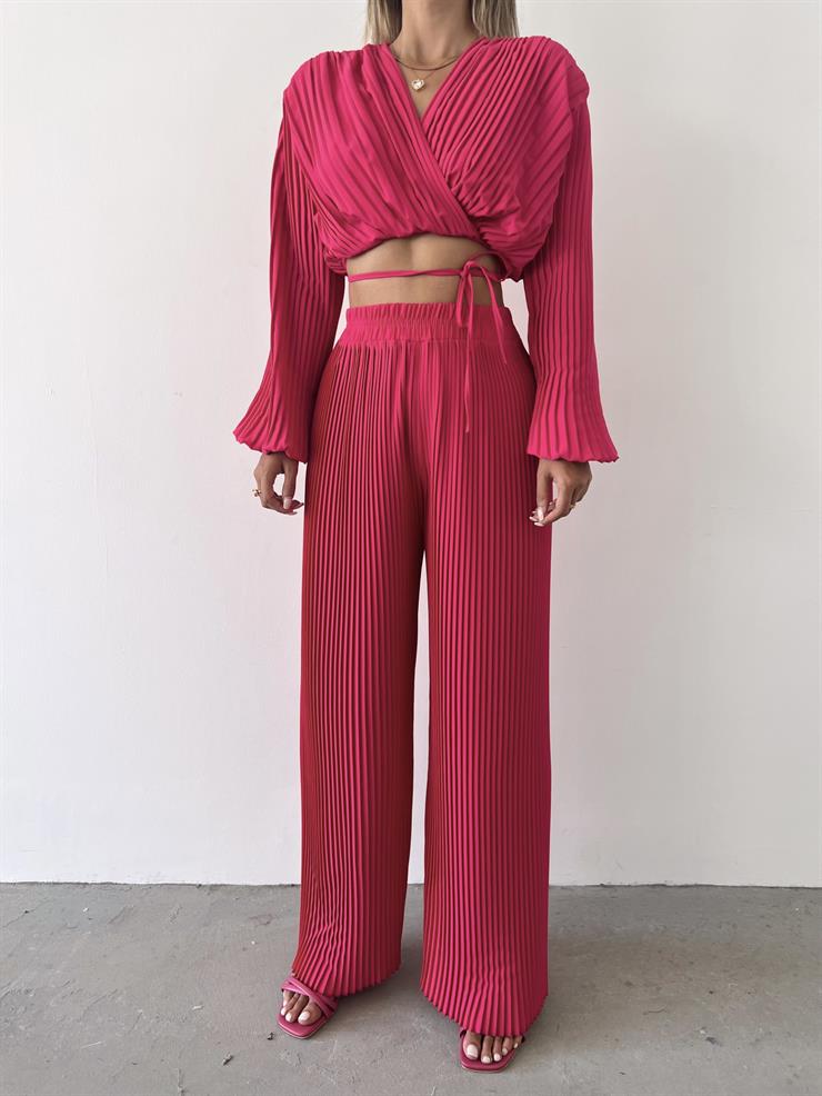 Kruvaze Yaka Bel Bağlamalı Mauro Kadın Fuşya Lastik Pileli Bluz 23Y000475