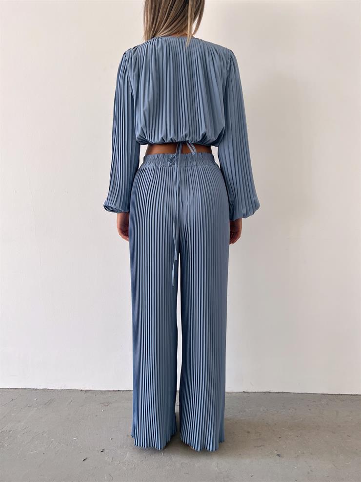 Kruvaze Yaka Bel Bağlamalı Mauro Kadın Açık Mavi Lastik Pileli Bluz 23Y000475