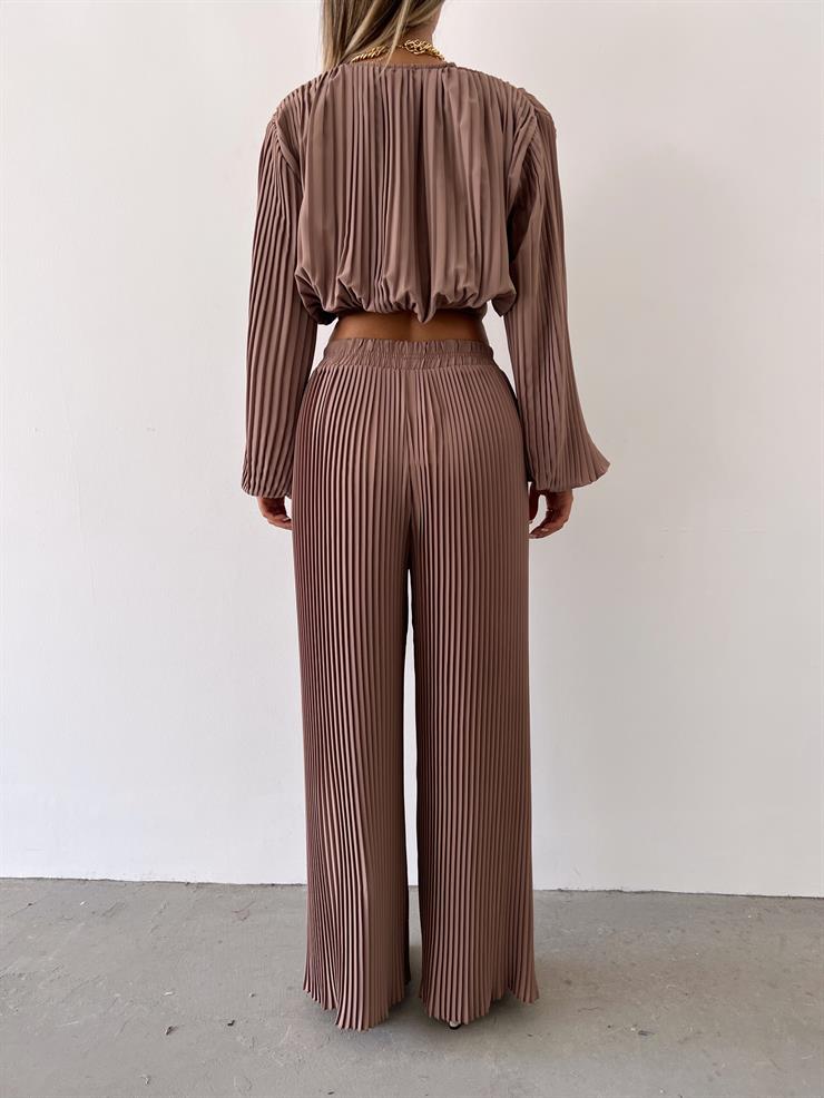 Kruvaze Yaka Bel Bağlamalı Mauro Kadın Vizon Lastik Pileli Bluz 23Y000475