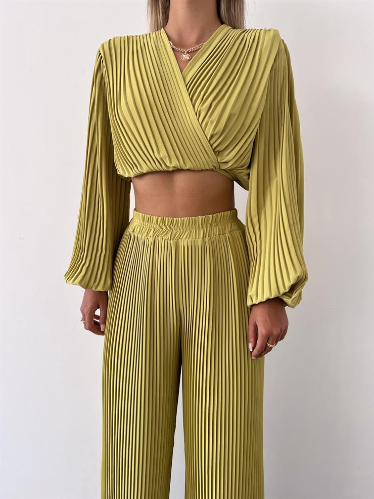 Kruvaze Yaka Bel Bağlamalı Mauro Kadın Yağ Yeşili Lastik Pileli Bluz 23Y000475