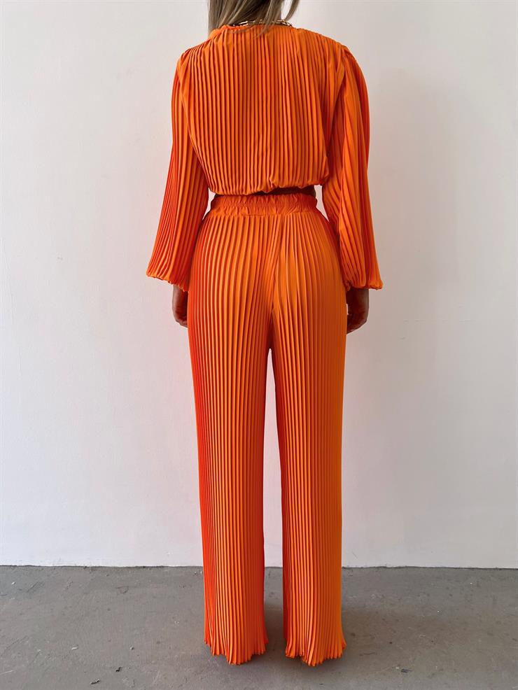 Kruvaze Yaka Bel Bağlamalı Mauro Kadın Turuncu Lastik Pileli Bluz 23Y000475