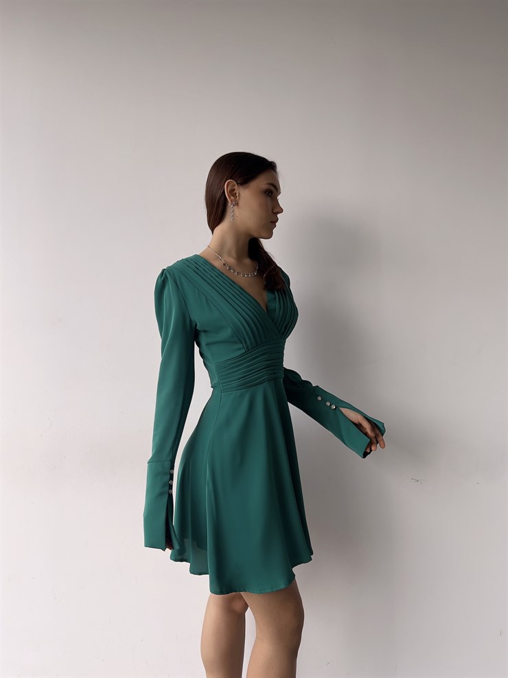 Kruvaze Yaka Eteği Volanlı Uzun Kol Maya Kadın Yeşil Elbise 23K000372