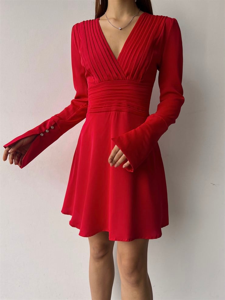 Kruvaze Yaka Eteği Volanlı Uzun Kol Maya Kadın Kırmızı Elbise 23K000372