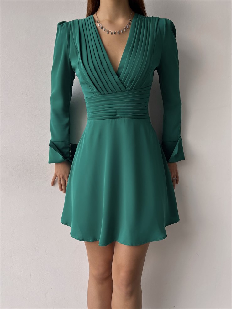 Kruvaze Yaka Eteği Volanlı Uzun Kol Maya Kadın Yeşil Elbise 23K000372