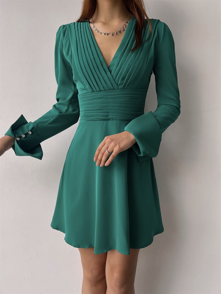 Kruvaze Yaka Eteği Volanlı Uzun Kol Maya Kadın Yeşil Elbise 23K000372