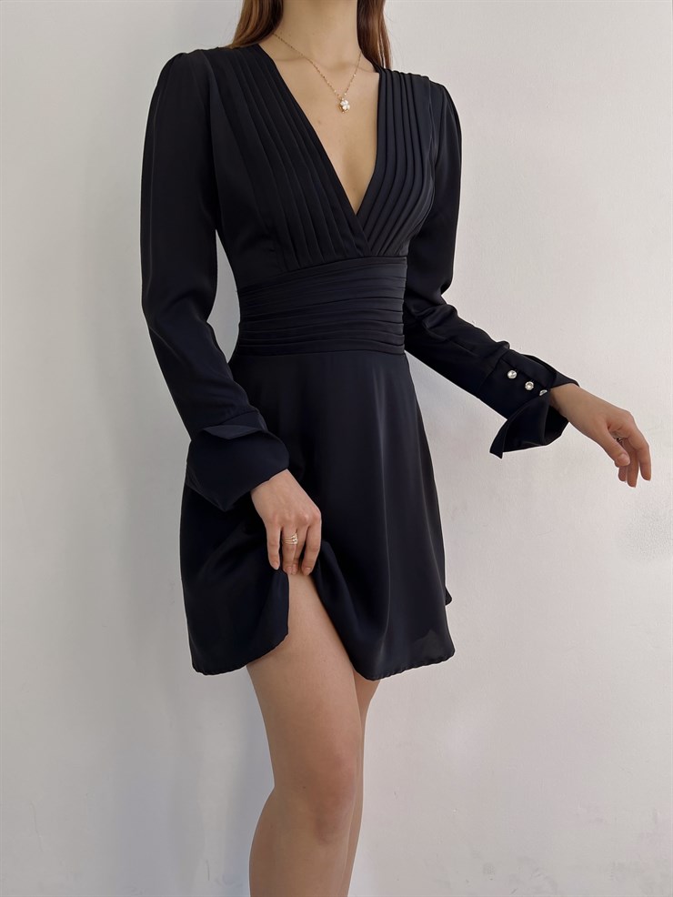 Kruvaze Yaka Eteği Volanlı Uzun Kol Maya Kadın Siyah Elbise 23K000372