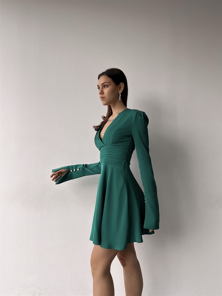 Kruvaze Yaka Eteği Volanlı Uzun Kol Maya Kadın Yeşil Elbise 23K000372