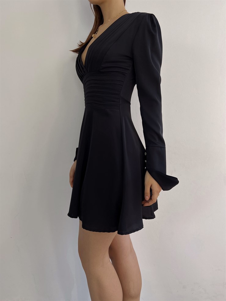 Kruvaze Yaka Eteği Volanlı Uzun Kol Maya Kadın Siyah Elbise 23K000372