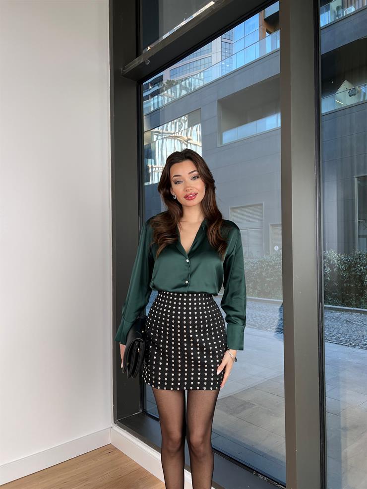 Yüksek Bel Taş Detaylı Mayara Kadın Siyah Mini Etek 24k435