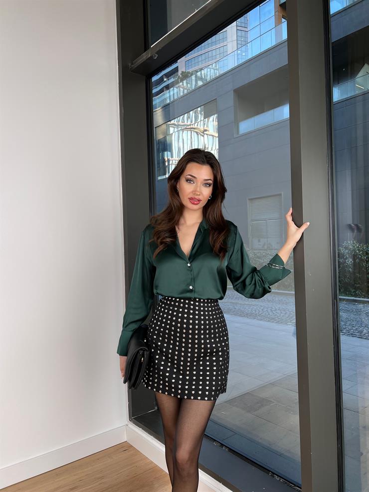 Yüksek Bel Taş Detaylı Mayara Kadın Siyah Mini Etek 24k435