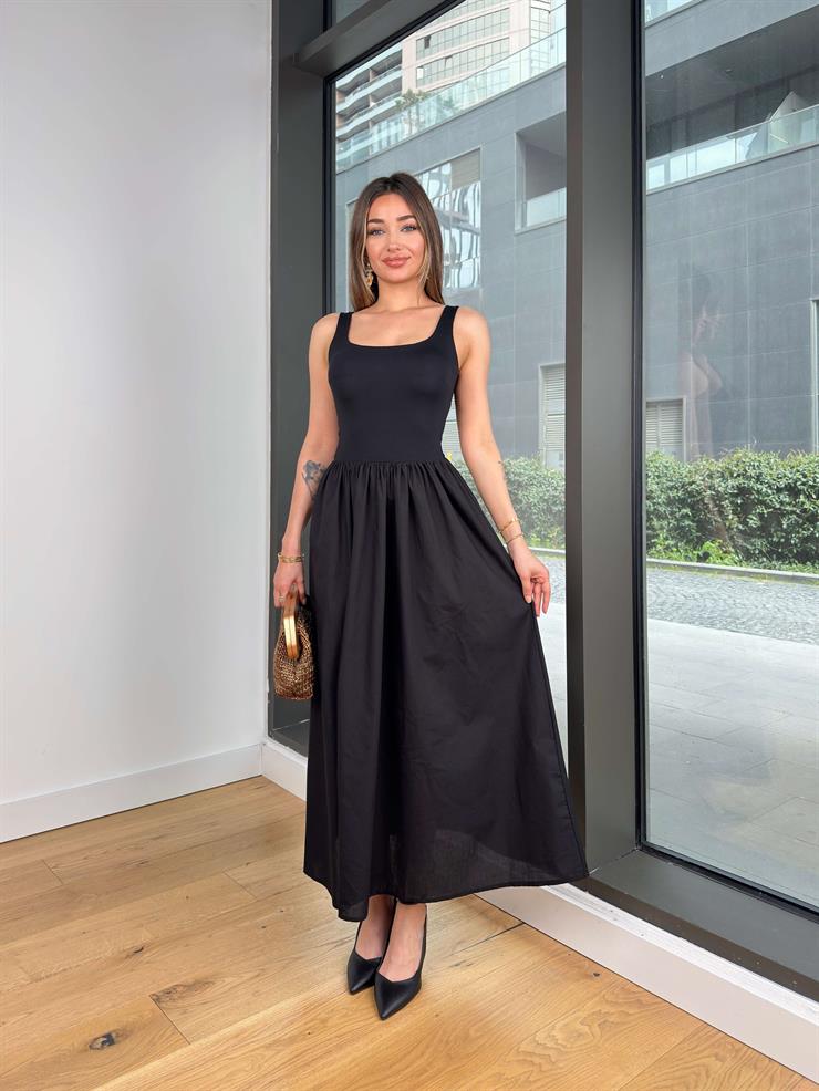 Kare Yaka Kalın Askılı Mayld Siyah Kadın Elbise 25Y231