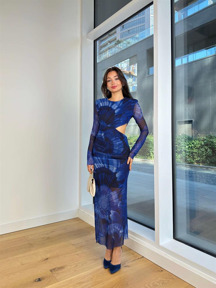 Uzun Tül Kol Beli Pencere Detaylı Drapeli Maylin Kadın Desenli Mavi Elbise 25K071