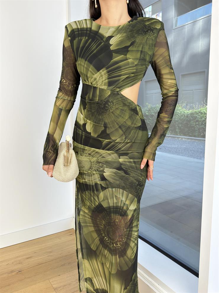 Uzun Tül Kol Beli Pencere Detaylı Drapeli Maylin Kadın Desenli Yeşil Elbise 25K071