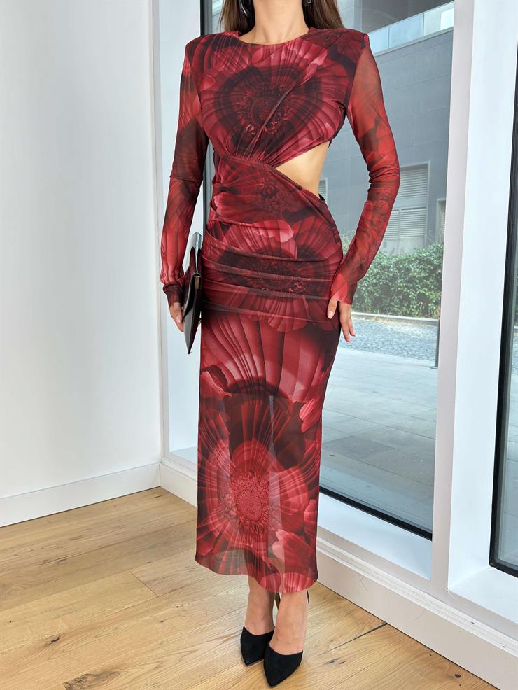 Uzun Tül Kol Beli Pencere Detaylı Drapeli Maylin Kadın Desenli Bordo Elbise 25K071