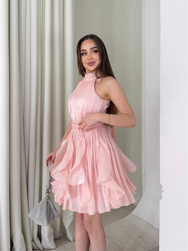 Kemerli Boyundan Bağlamalı Pembe Mayra Kadın Elbise 26Y184