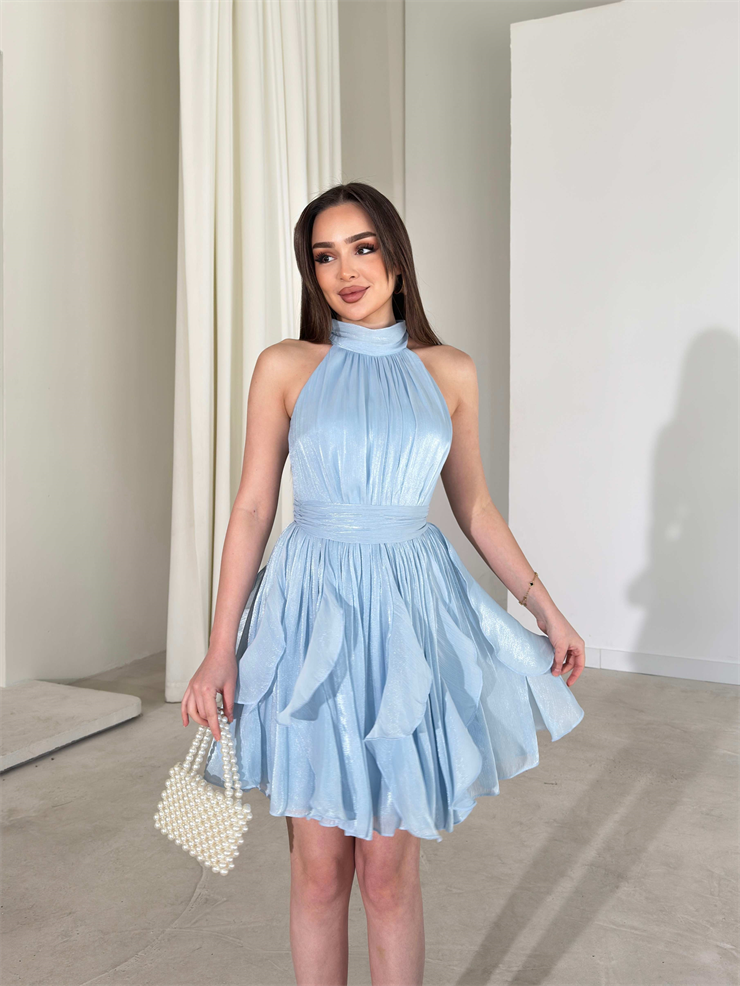 Kemerli Boyundan Bağlamalı Mavi Mayra Kadın Elbise 26Y184