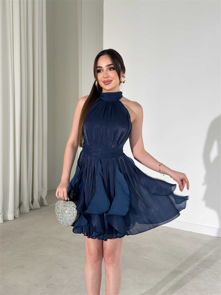 Kemerli Boyundan Bağlamalı Lacivert Mayra Kadın Elbise 26Y184