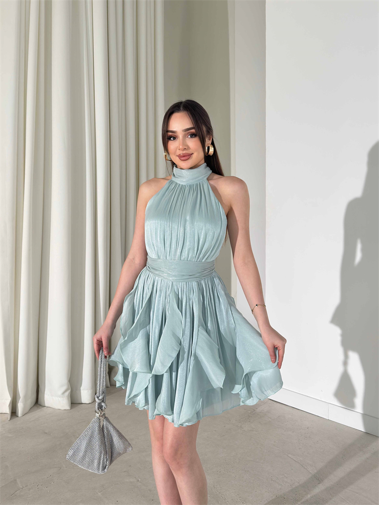 Kemerli Boyundan Bağlamalı Mint Mayra Kadın Elbise 26Y184