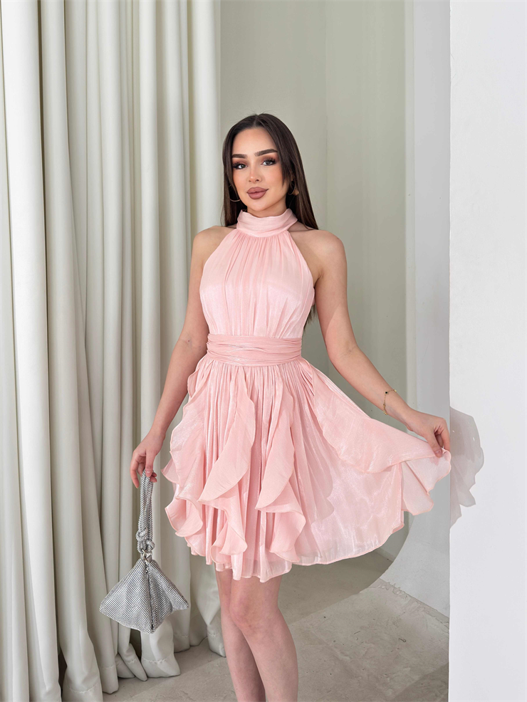 Kemerli Boyundan Bağlamalı Pembe Mayra Kadın Elbise 26Y184