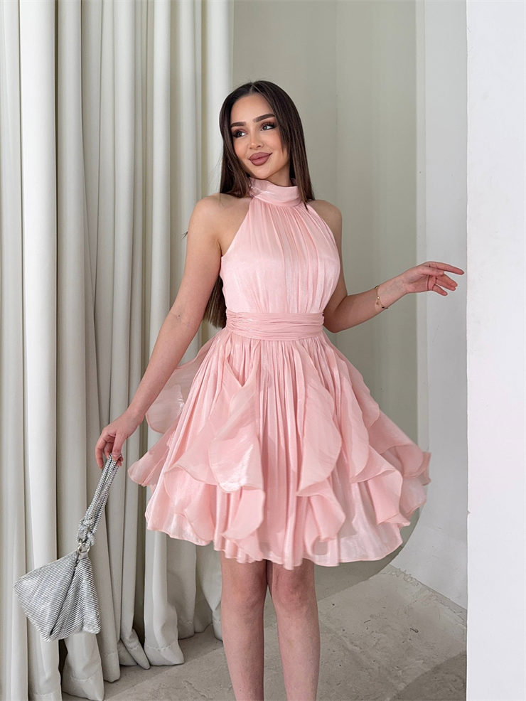 Kemerli Boyundan Bağlamalı Pembe Mayra Kadın Elbise 26Y184