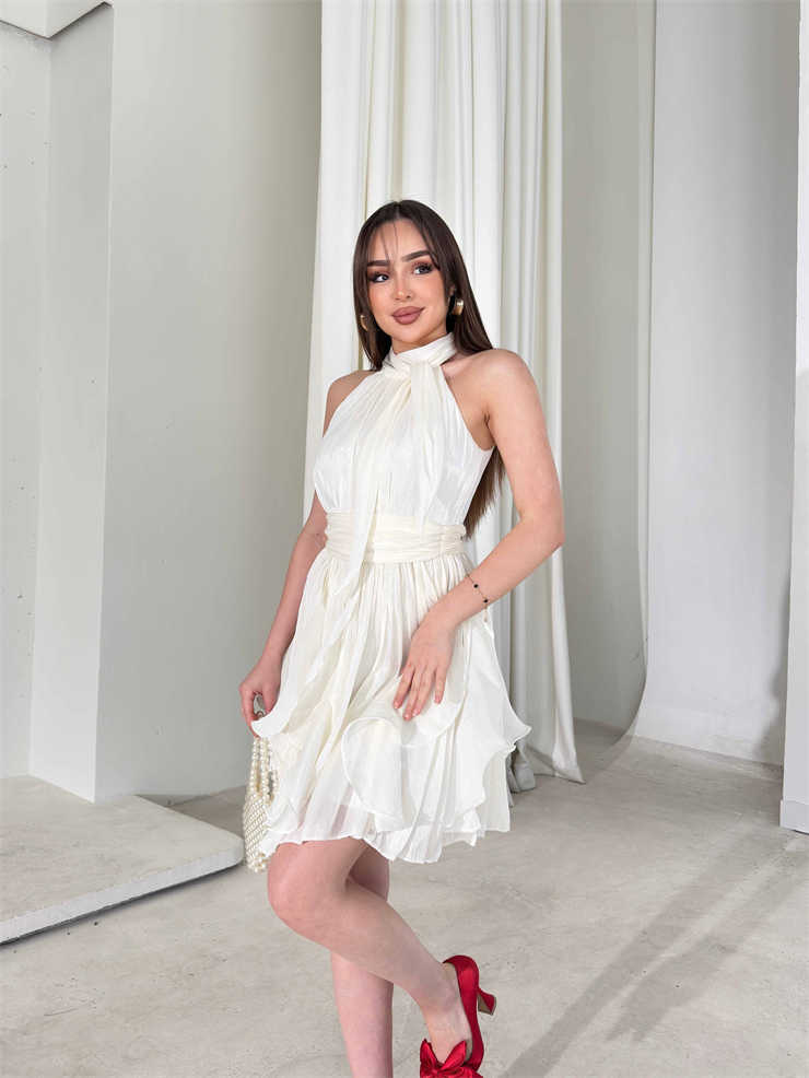 Kemerli Boyundan Bağlamalı Beyaz Mayra Kadın Elbise 26Y184