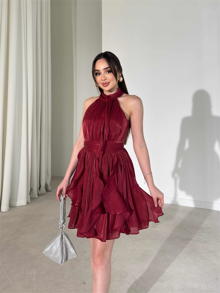 Kemerli Boyundan Bağlamalı Bordo Mayra Kadın Elbise 26Y184