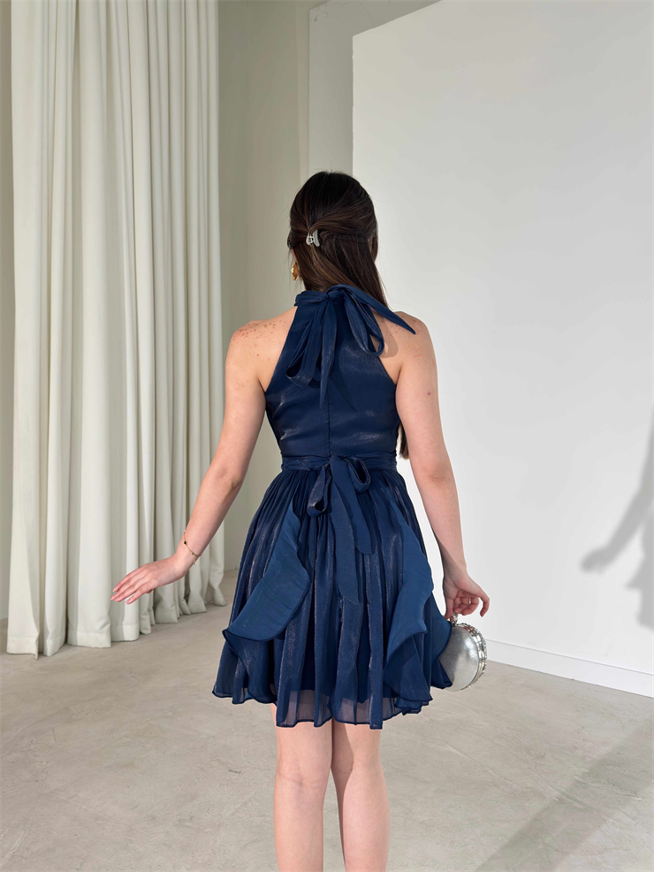 Kemerli Boyundan Bağlamalı Lacivert Mayra Kadın Elbise 26Y184