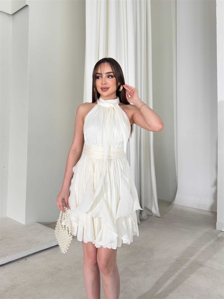 Kemerli Boyundan Bağlamalı Beyaz Mayra Kadın Elbise 26Y184