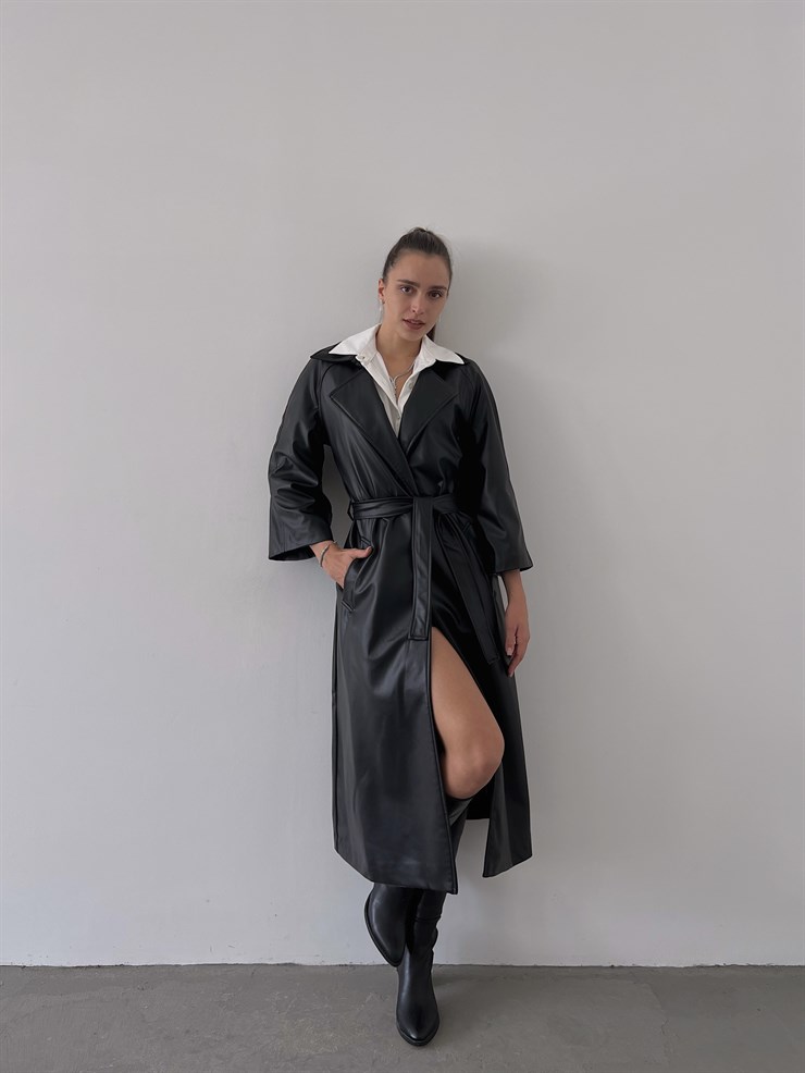 Önden Kuşak Bağlamalı Yarım Geniş Kol Maysa Kadın Siyah Vegan Deri Kaban 23K000226