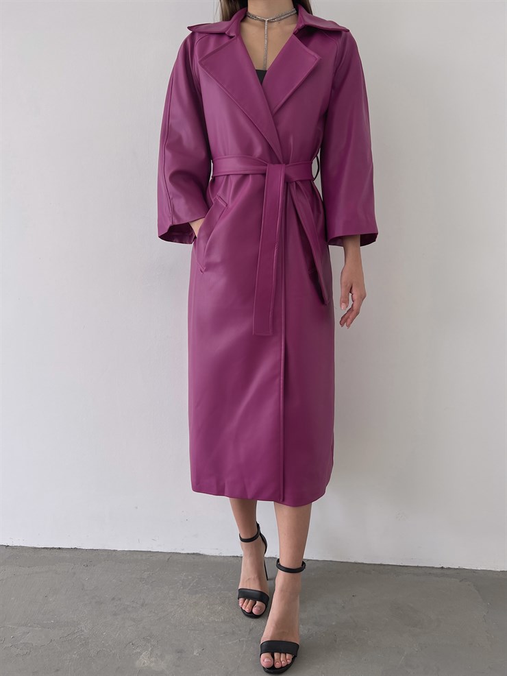 Önden Kuşak Bağlamalı Yarım Geniş Kol Maysa Kadın Fuşya Vegan Deri Kaban 23K000226