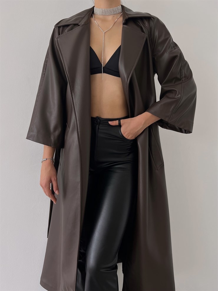 Önden Kuşak Bağlamalı Yarım Geniş Kol Maysa Kadın Kahve Vegan Deri Kaban 23K000226