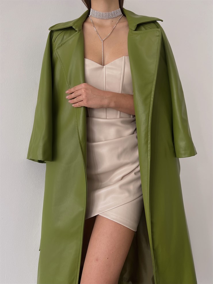 Önden Kuşak Bağlamalı Yarım Geniş Kol Maysa Kadın Yeşil Vegan Deri Kaban 23K000226